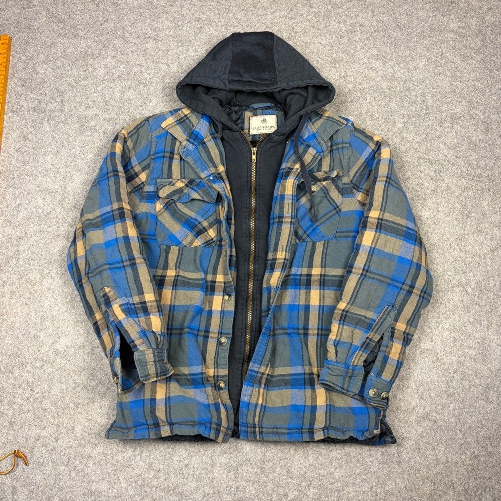 Legendary Whitetails Mens Blue Plaid Quilted Hooded Flannel Shirt Jacket Size MD